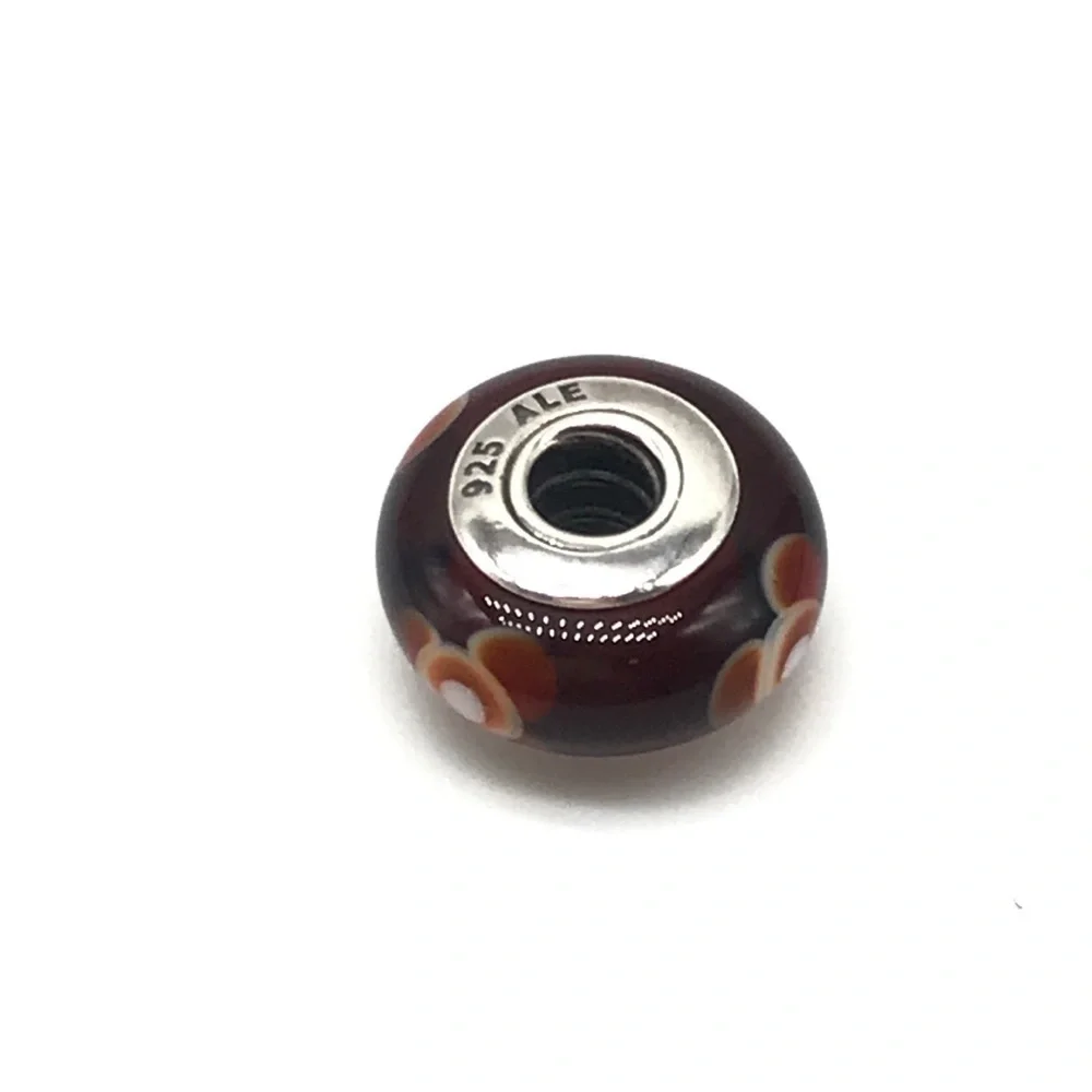 Pandora Dark Red Orange Floral Flower Murano Glass Charm